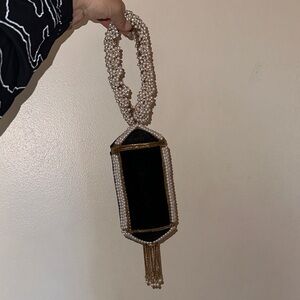 Elegant Handmade Ramla Black and Gold Pearl-Embellished Clutch